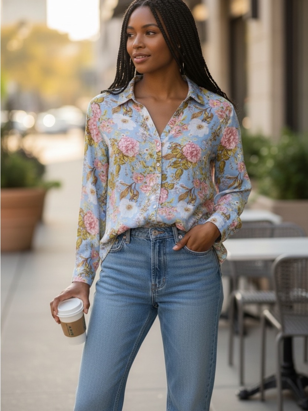 JOIE Light Blue Floral Button-Up Blouse size large